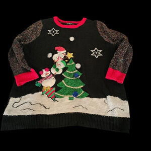 Womens Black Sequin Embellished Pom Snowman Christmas Holiday Sweater Sz 4x